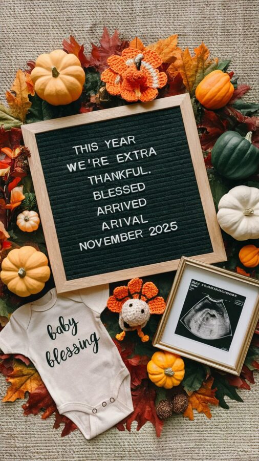 Autumn leaves and pumpkins surrounding a letter board reading This year we are extra thankful, blessed, arrived, arrival, November 2025, next to a crocheted turkey, a framed ultrasound, and a baby blessing onesie