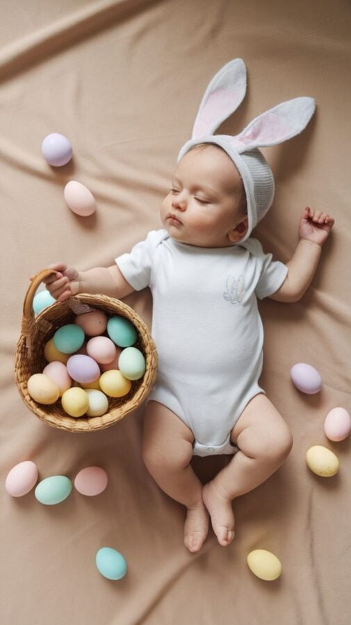 Baby lying flat on a tan blanket in a gray bunny ear bonnet next to a basket of pastel eggs, flat-lay style