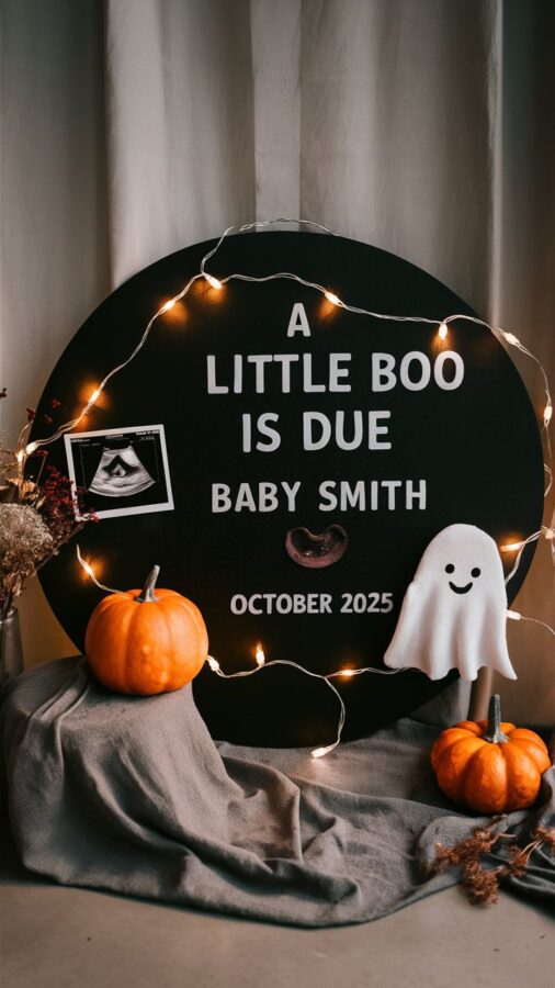Round black sign with string lights reading A Little Boo Is Due, Baby Smith, October 2025, propped against a curtain with a felt ghost and two pumpkins
