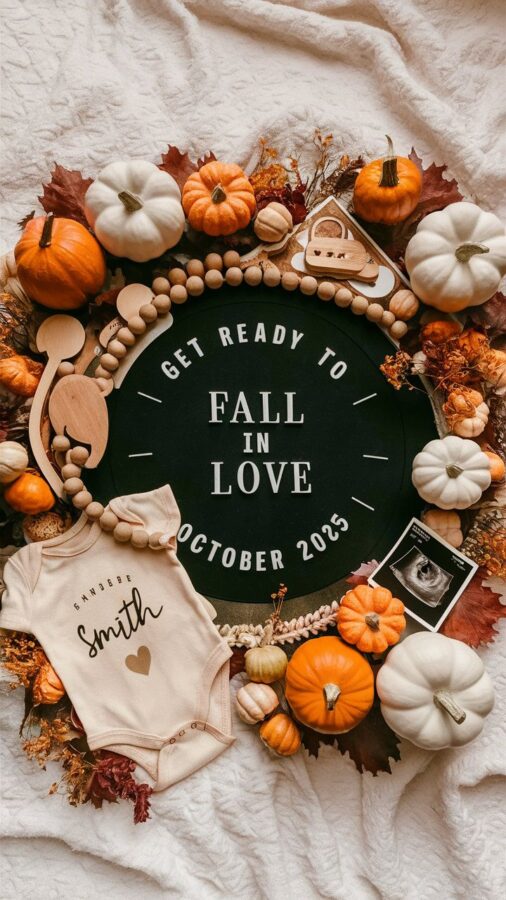 Circular flatlay of white and orange pumpkins, wood beads, and a letter board reading Get Ready to Fall in Love October 2025 beside a personalized baby onesie