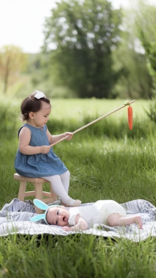 Toddler dangling a felt carrot above a baby in teal bunny ears lying in a grassy field