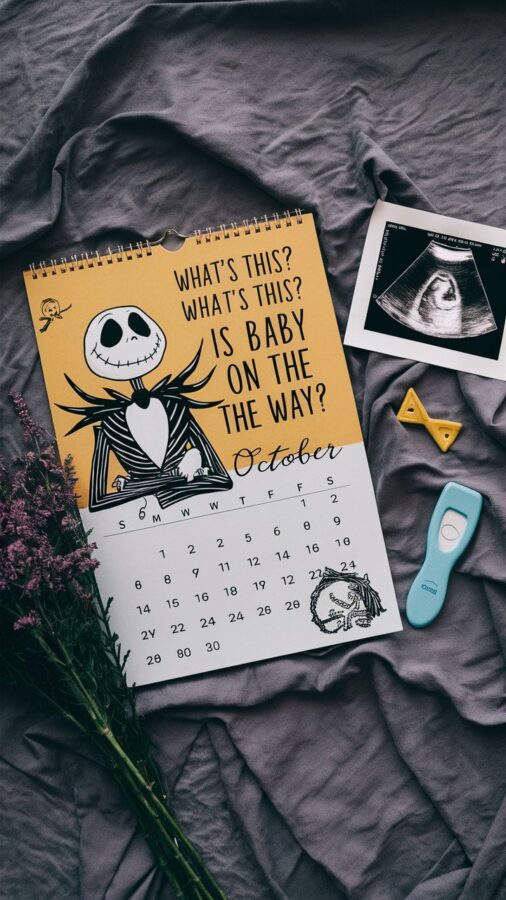 Nightmare Before Christmas themed calendar open to October with the text Is baby on the way, next to an ultrasound photo and a pregnancy test