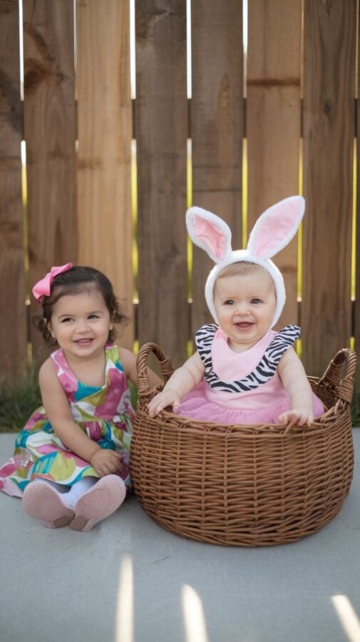 Toddler sitting beside her baby sister who is smiling inside a wicker basket wearing pink bunny ears