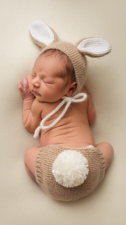 Newborn on stomach wearing a tan knit bunny bonnet and diaper cover with a fluffy pom-pom tail