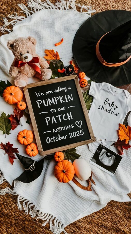 Jute rug flatlay with a teddy bear, black witch hat, pumpkins, and a chalkboard sign reading We are adding a pumpkin to our patch, arriving October 2025, next to an onesie reading Baby Shadow