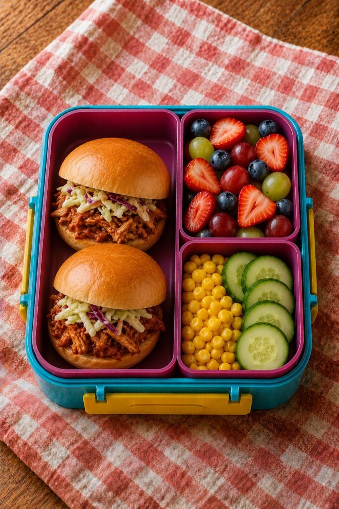 Slider bun filled with saucy pulled chicken