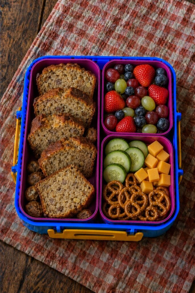 Sliced banana bread on a small plate