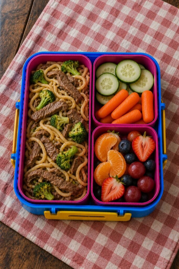 Beef and broccoli tossed with noodles in a thermos