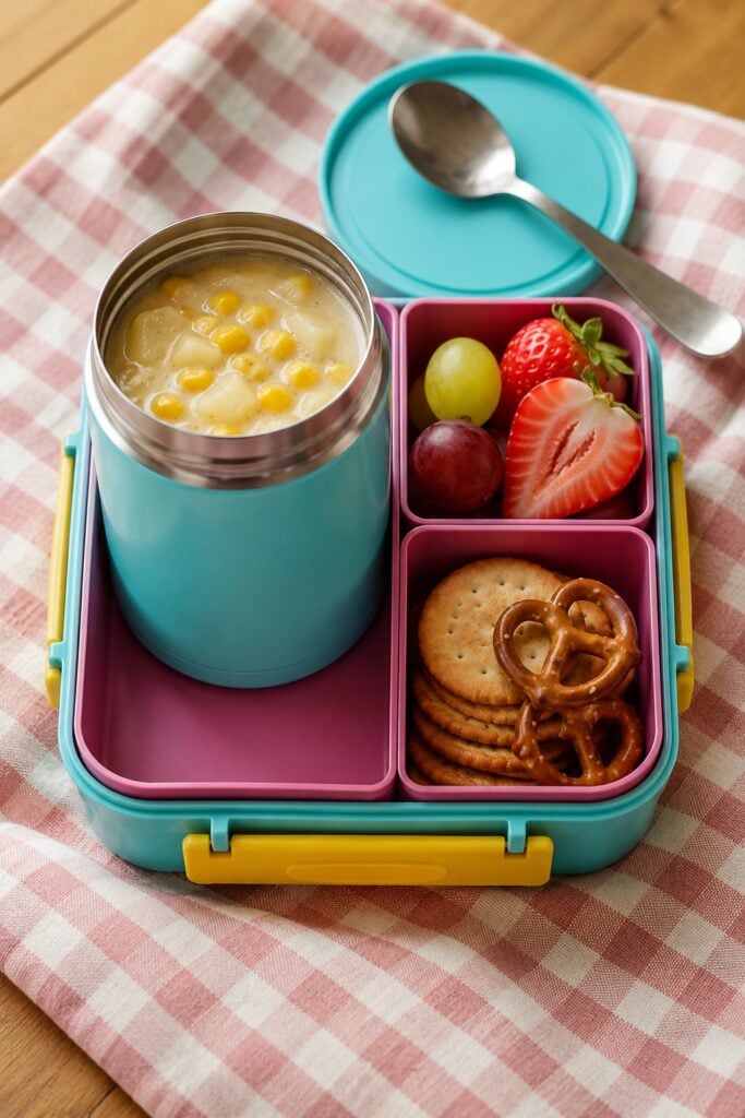 Creamy corn chowder in a thermos with a spoon resting beside it