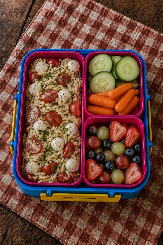 Orzo pasta with mozzarella pearls and tomatoes