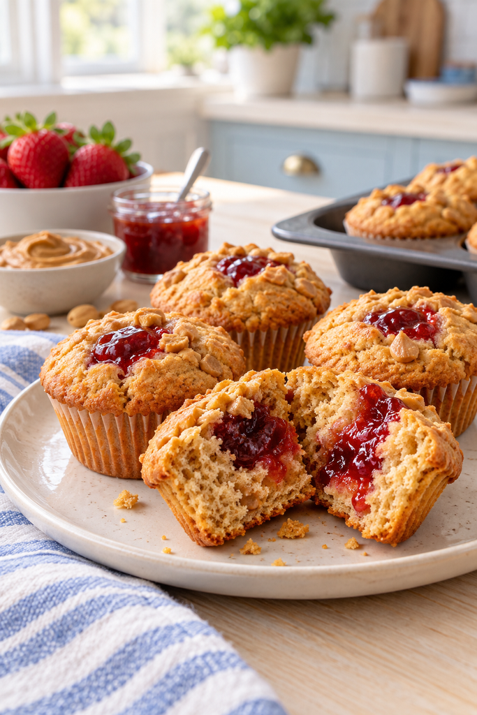 Peanut butter and jelly muffins with a strawberry jam center, one split open