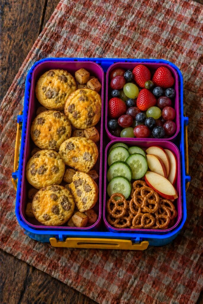 Small baked egg bites with sausage and cheddar