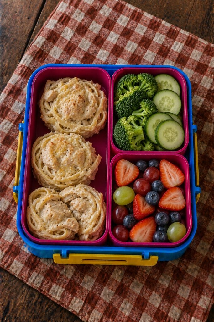 Creamy alfredo pasta with chicken in a thermos