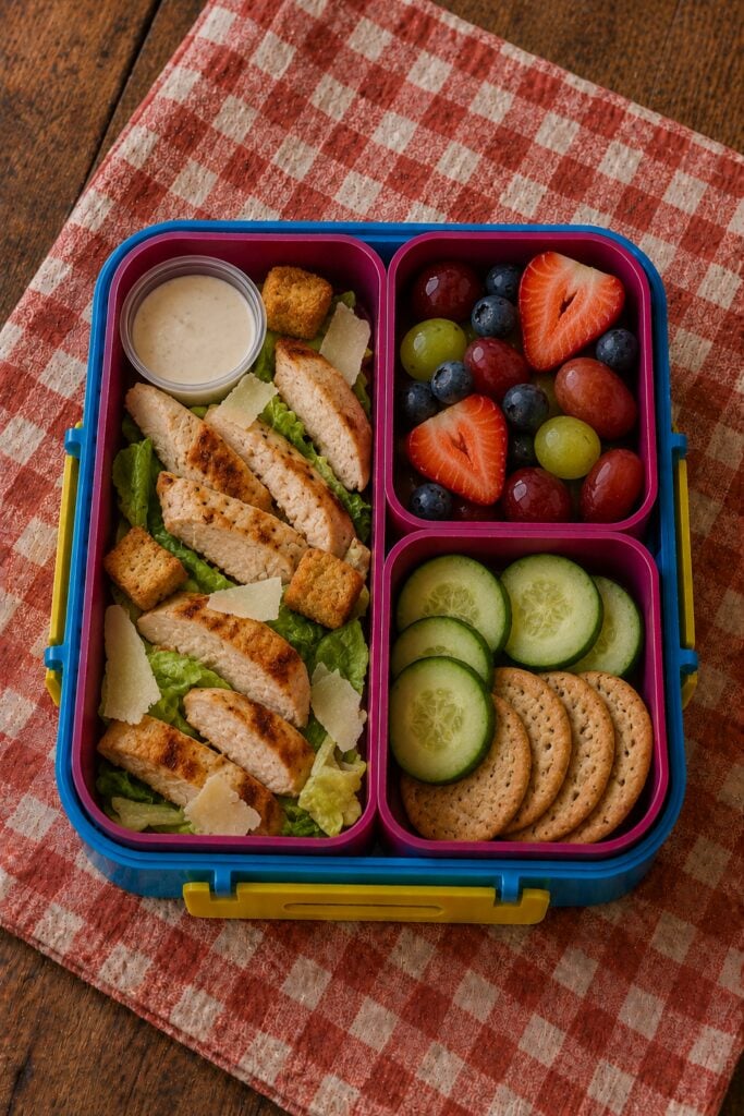Grilled chicken strips beside romaine and parmesan in a box