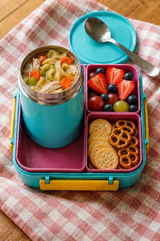 Chicken noodle soup with visible carrots in a thermos