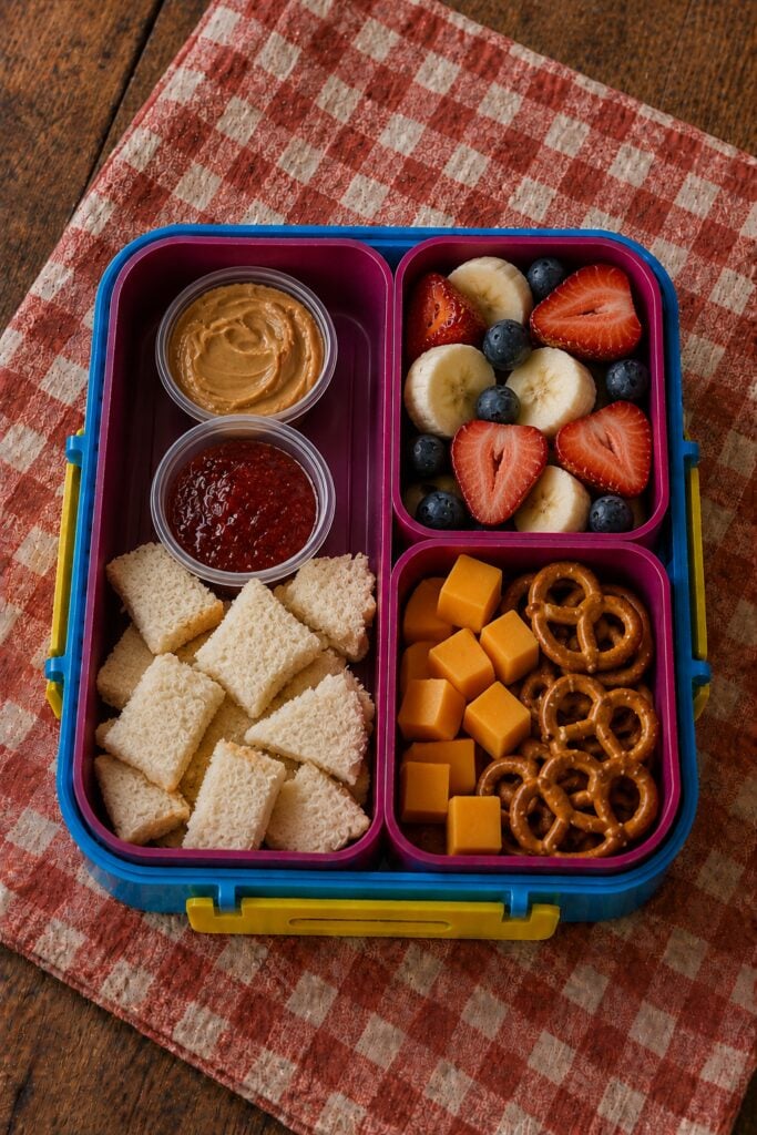 Waffle squares, peanut butter, and jam separated in a bento box