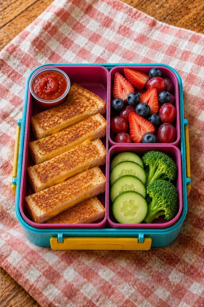 Grilled cheese cut into strips beside a small cup of warm marinara
