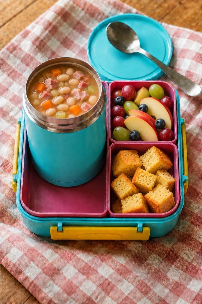Hearty ham and white bean soup in a thermos
