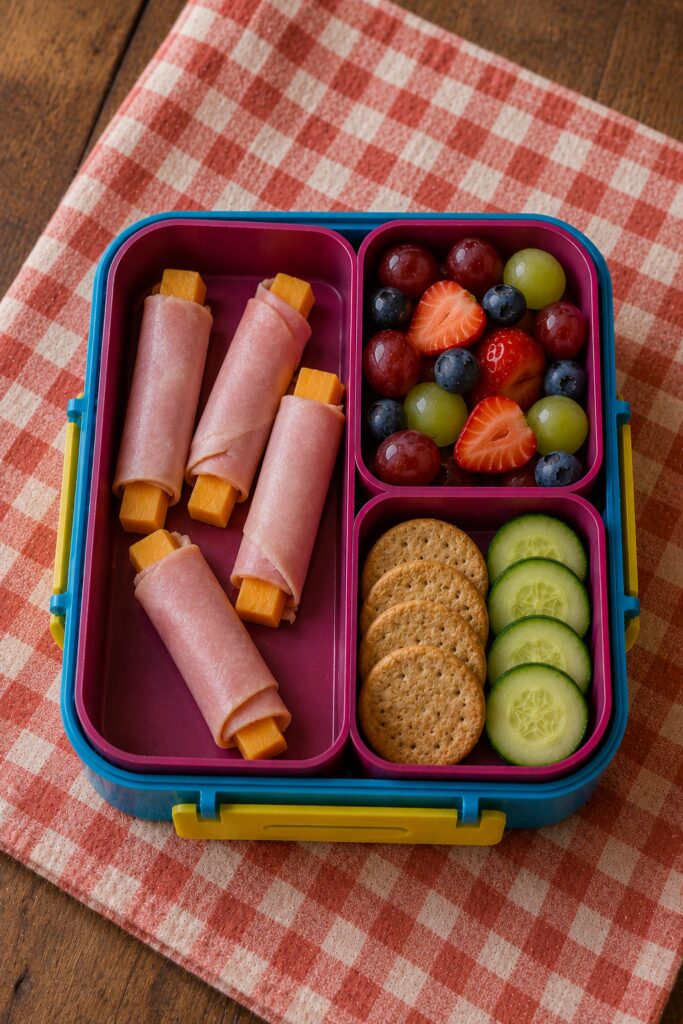 Rolled ham and cheese slices arranged with crackers