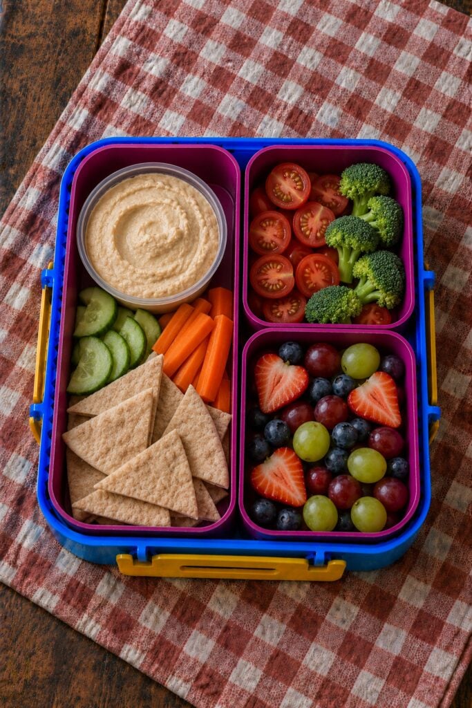 Pita triangles beside a hummus cup
