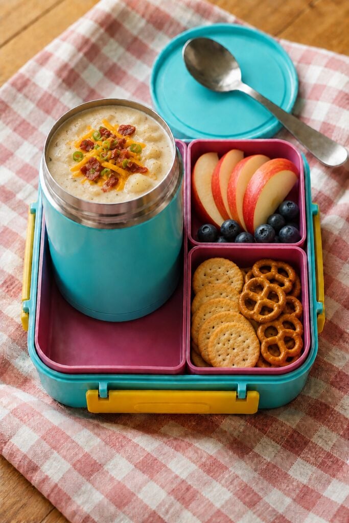 Thick potato soup with bacon bits and cheese in a thermos