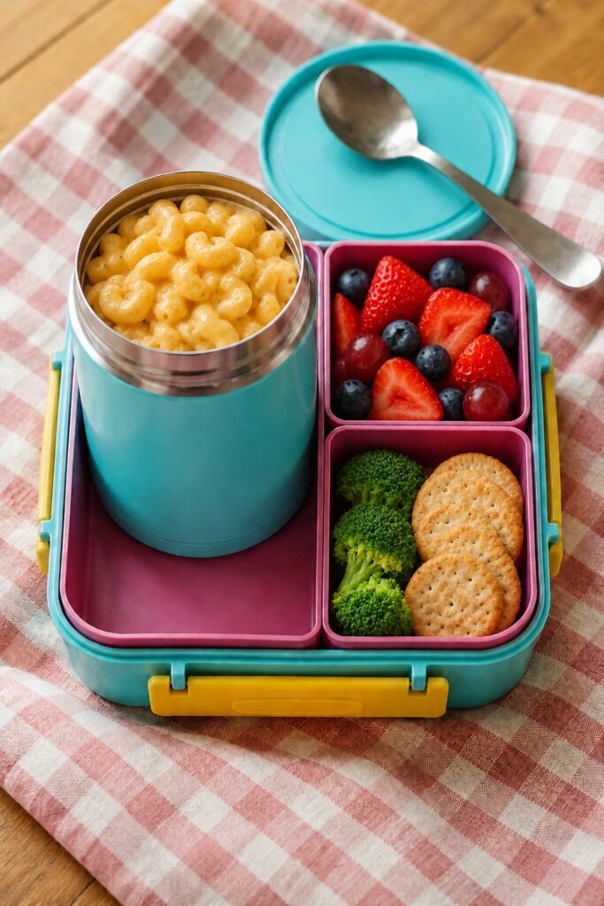 Creamy macaroni and cheese steaming in a thermos