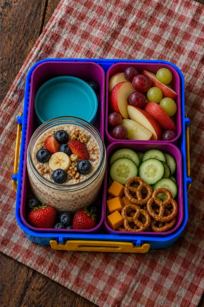 Layered overnight oats with berries in a small jar