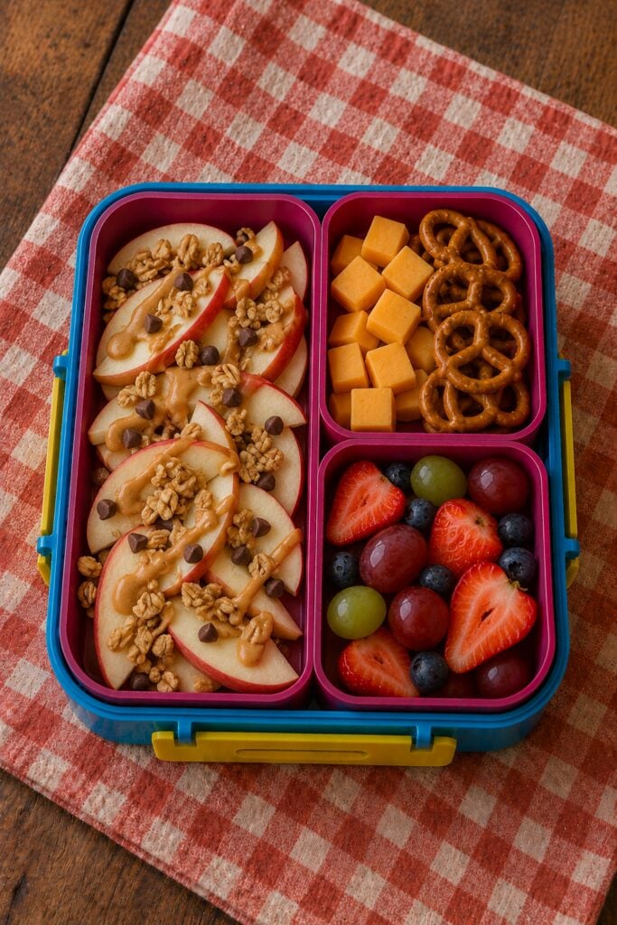 Apple slices drizzled with peanut butter and granola
