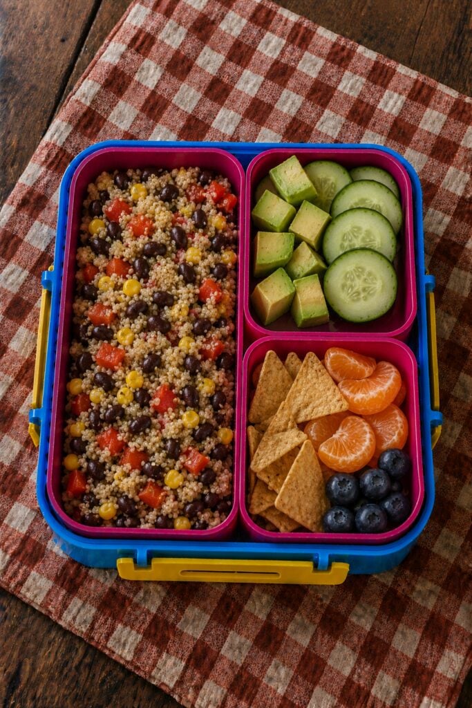 Quinoa salad with black beans and corn in a bento box