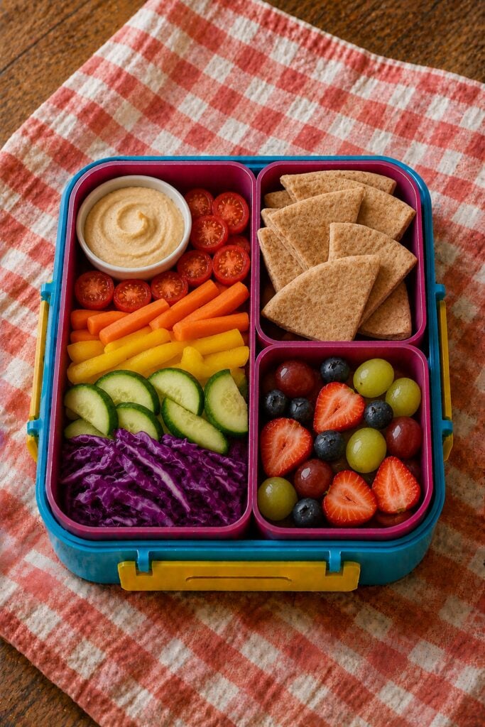 Bento box with colorful vegetable sticks around a hummus cup