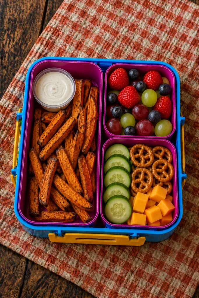 Crispy roasted sweet potato fries in a small box
