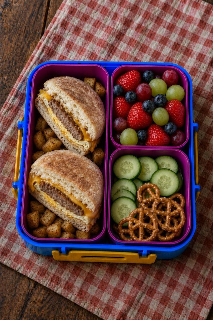 English muffin sandwich with sausage and egg