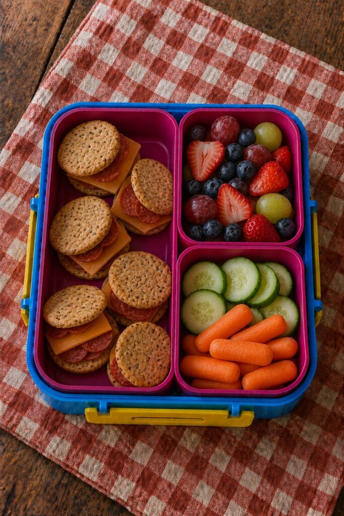 Cracker stacks with turkey pepperoni and cheese