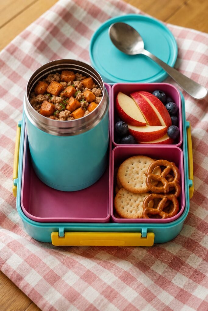 Diced sweet potato and turkey hash in a thermos bowl