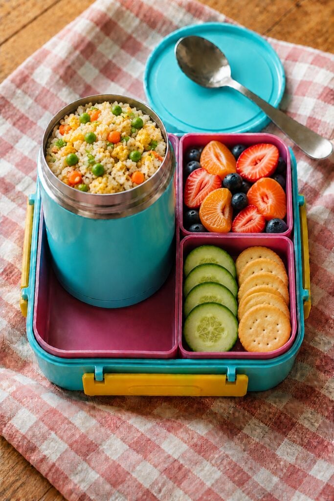 Colorful vegetable fried rice steaming in a thermos