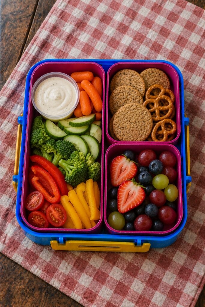 Sliced vegetables around a ranch dip cup