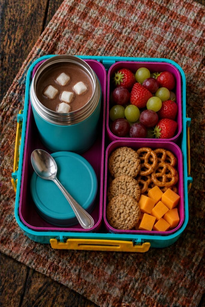 Hot cocoa with marshmallows in a thermos cup