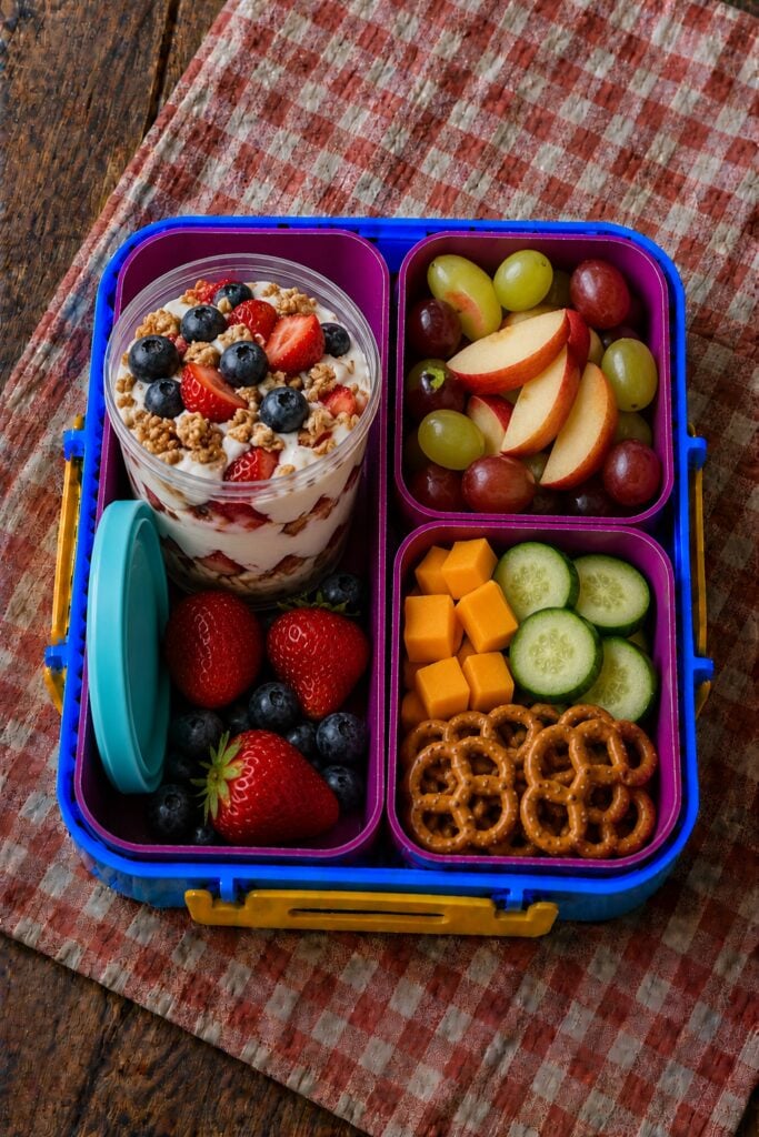 Layered yogurt, granola, and berries in a cup