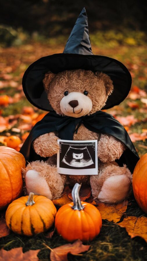 Teddy bear wearing a witch hat and cape holding an ultrasound photo, surrounded by pumpkins on fallen leaves