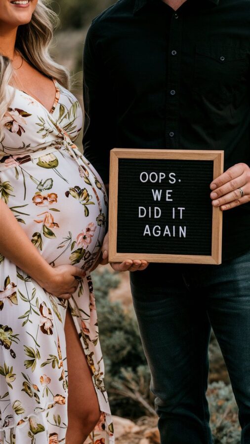 Pregnant woman in a floral dress and her partner holding a letter board reading Oops We Did It Again outdoors in desert scrubland