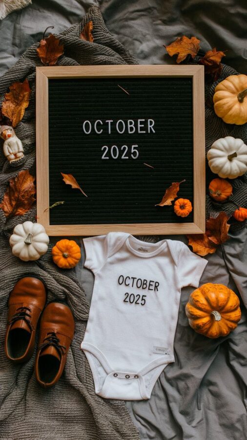 Gray knit blanket flatlay with a wooden letter board reading October 2025, a white onesie printed with the same date, mini pumpkins, and tiny brown baby shoes