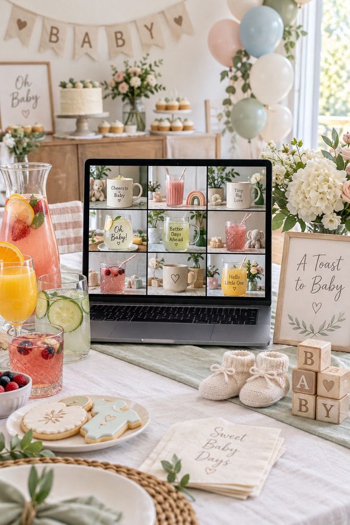 Guests on a video call raising mugs and glasses for a virtual baby shower toast