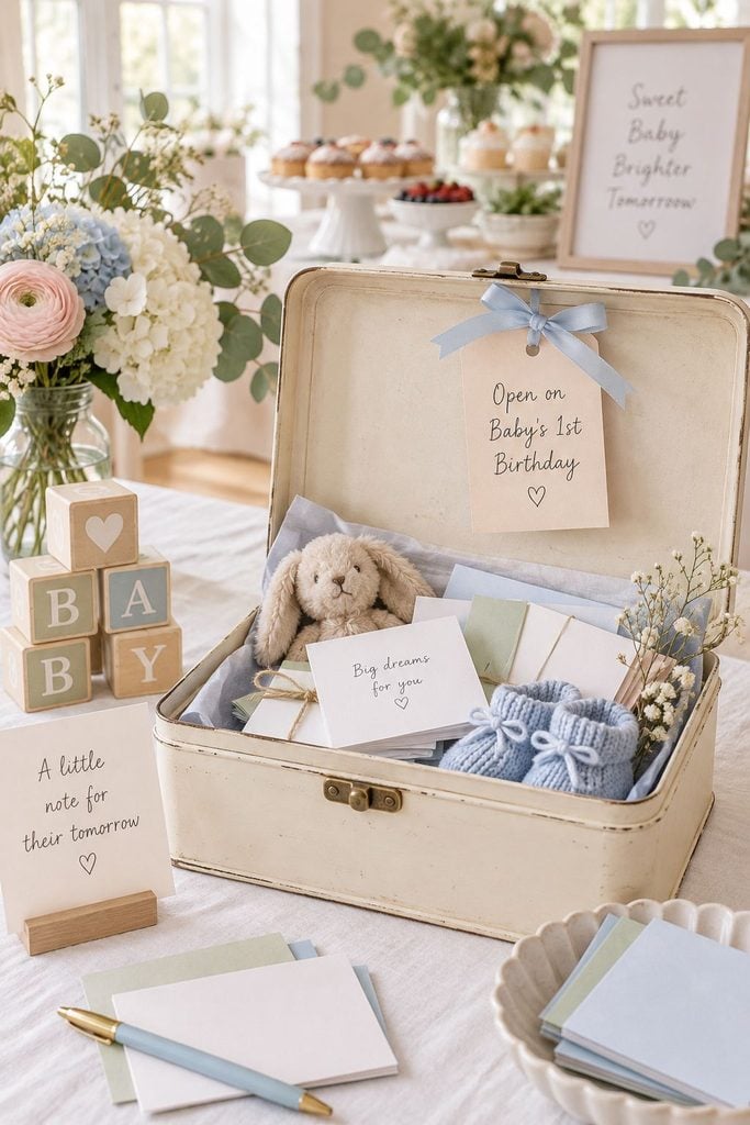 Baby shower time capsule box filled with folded notes and a ribbon, tagged to open on the baby's first birthday