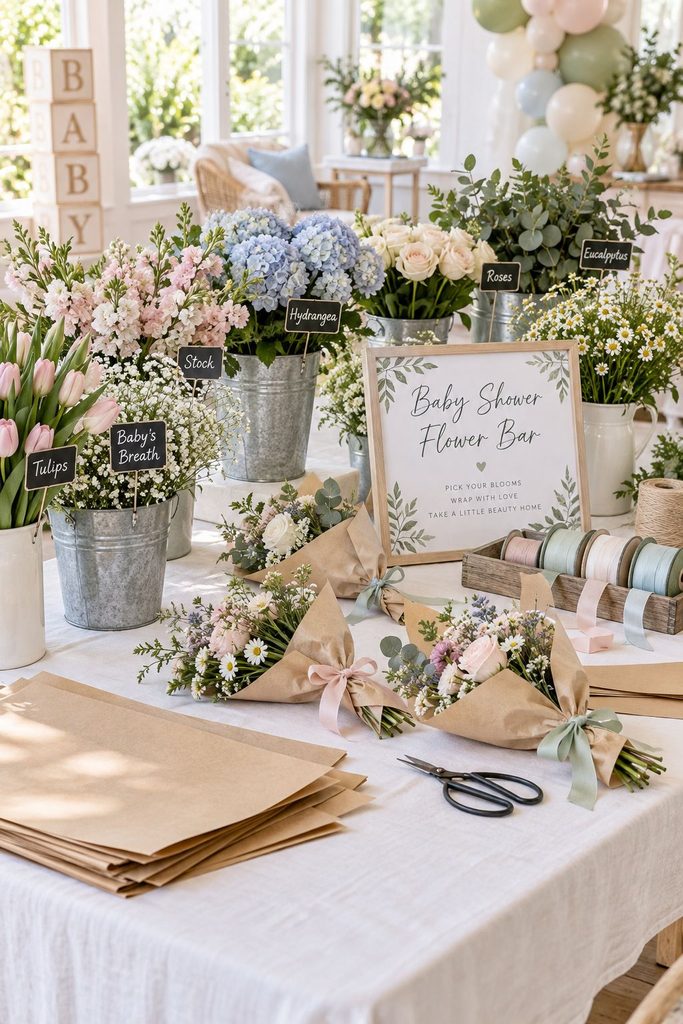 Baby shower flower bar with buckets of blooms, greenery, and ribbon for making mini bouquets