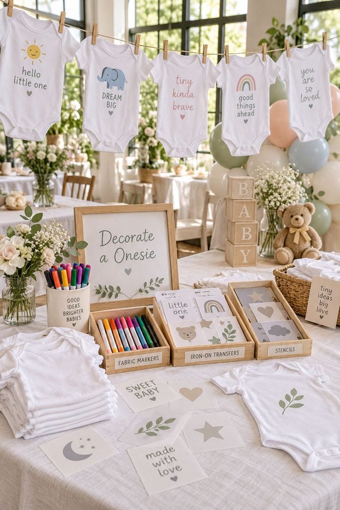 DIY onesie decorating station with fabric markers, stencils, and finished onesies hanging on a clothesline