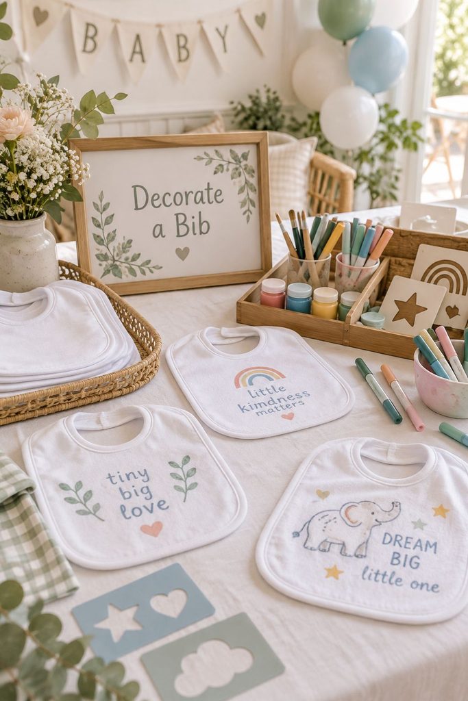 Plain white baby bibs decorated with fabric paint and markers at a baby shower craft table