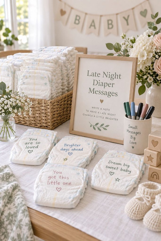 Newborn diapers with handwritten notes and doodles from baby shower guests