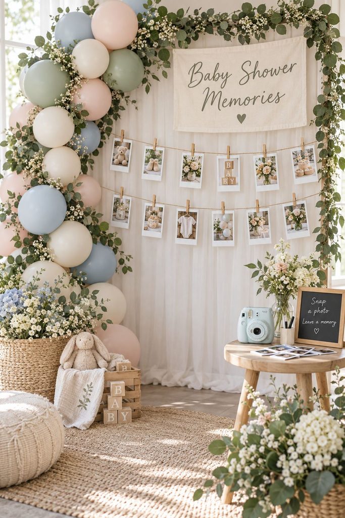 Baby shower photo wall with instant photos of guests pinned on clothespins beside an instant camera