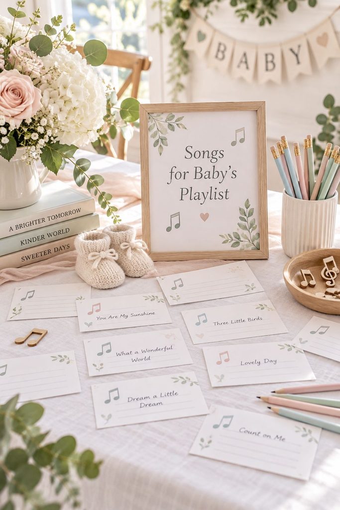 Music-themed baby shower playlist cards filled in with song titles and guest names
