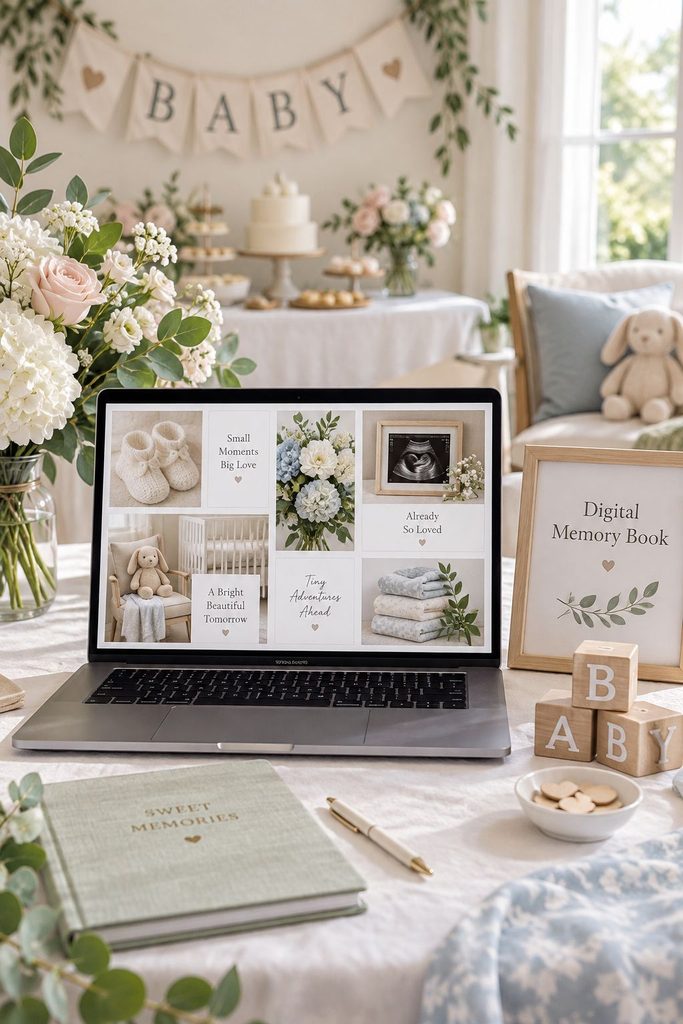 Laptop showing a digital baby shower memory book with guest photos and notes